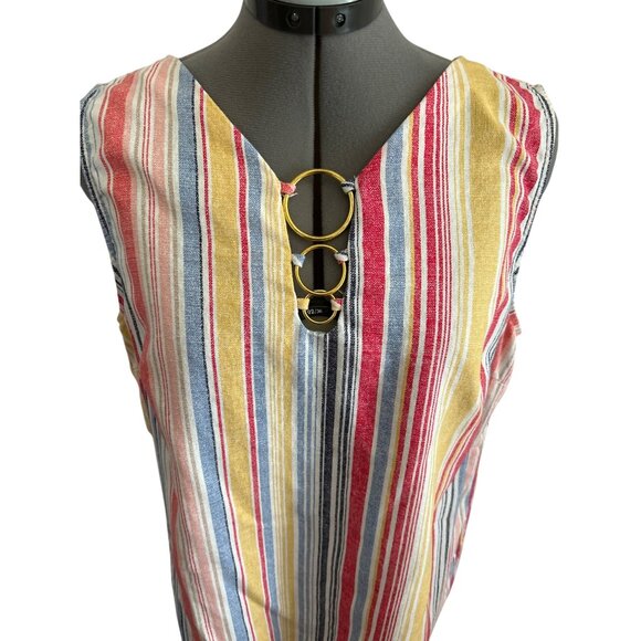Chloe+Rene Sleeveless Striped V-Neck Top Gold Ring Detail Linen Blend Size L - Picture 2 of 8